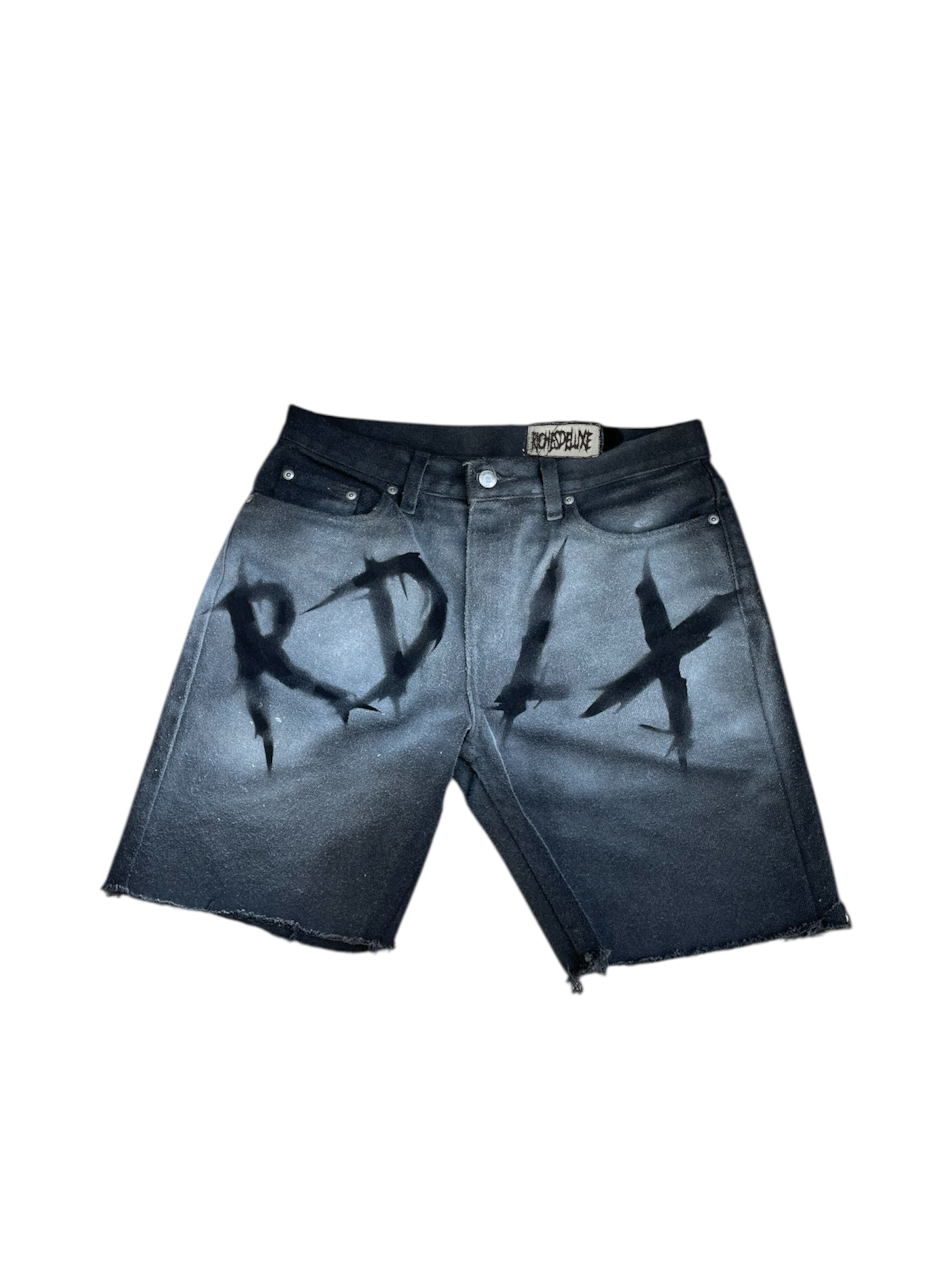 “RDLX” spray paint denim shorts black distressed