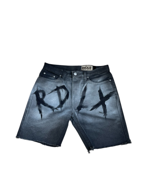 “RDLX” spray paint denim shorts black distressed